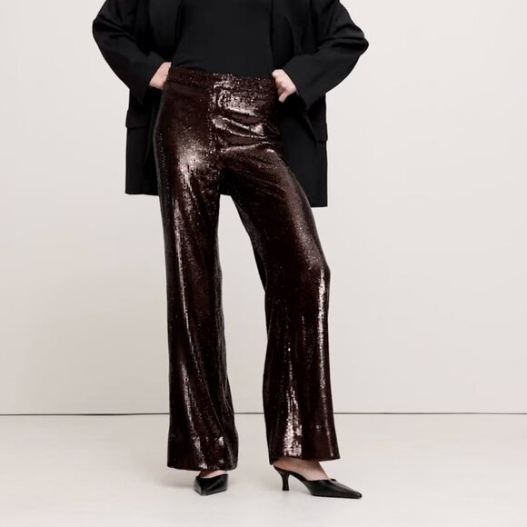 *BNWT* Banana Republic High-Rise Wide-Leg Sequin Pant- chocolate ganache- Size 0 - Picture 3 of 4